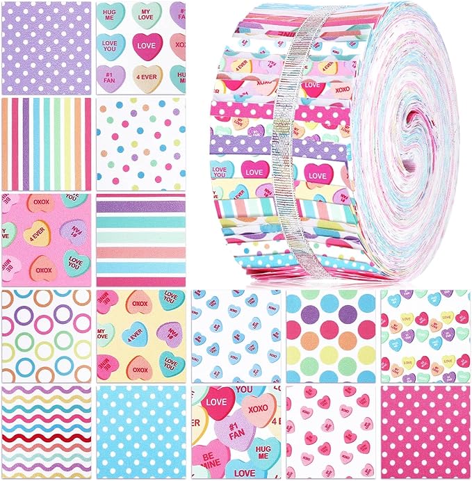 Ganeen 100 Pcs Valentines Conversation Heart Quilting Fabric Roll 2.56 Inch Fabric Squares Jelly Patchwork Precut Strips Bundles for Holiday Materials Craft DIY Sewing Cloths