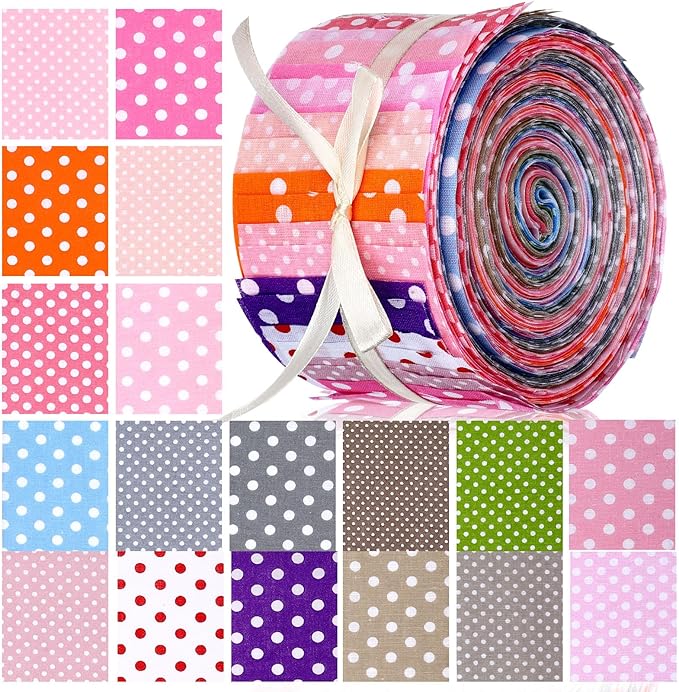 Tegeme 40 Pcs Polka Dot Roll up Fabric Quilting Strips, 2. 55 Inch Jelly Fabric, Colorful Cotton Patchwork Roll, Patchwork Cotton Bundle for Sewing DIY Crafts (Dots Style)