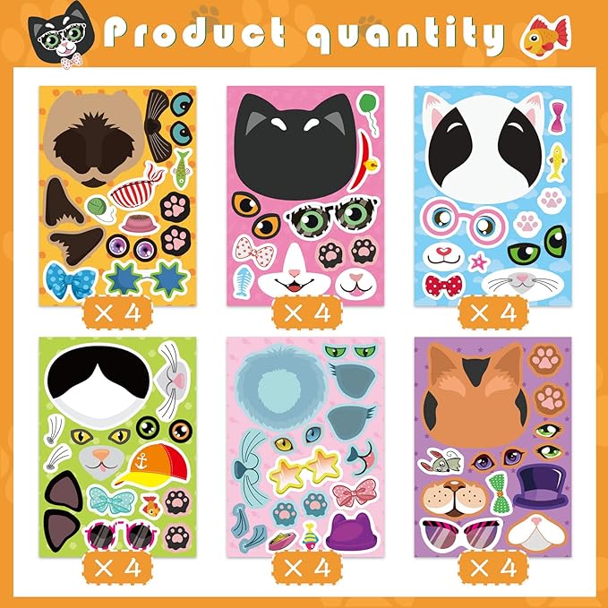 24 Sheets Cats Make a Face Stickers Make You Own Cats Stickers Animal Sticker for Kids, Birthday Gift Party Favors Supplies Teacher Art Craft, Games School Activity Reward