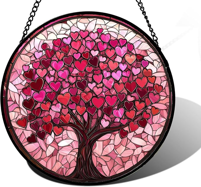 Stained Glass Window Hanging, Pink Love Tree of Life Sun Catchers Colorful Glass Panel Suncatcher Decor for Birthday for Women, Men, Wife, Lovers, and Mom 11.8x11.8 in