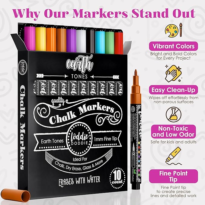 Loddie Doddie Fine Liquid Chalk Markers - Pack of 10, Earth Tones - Bold Blackboard Art with Chalkboard Pens - 1 mm Fine Tip for Chalkboard Markers - Multi-Surface with Chalk Paint