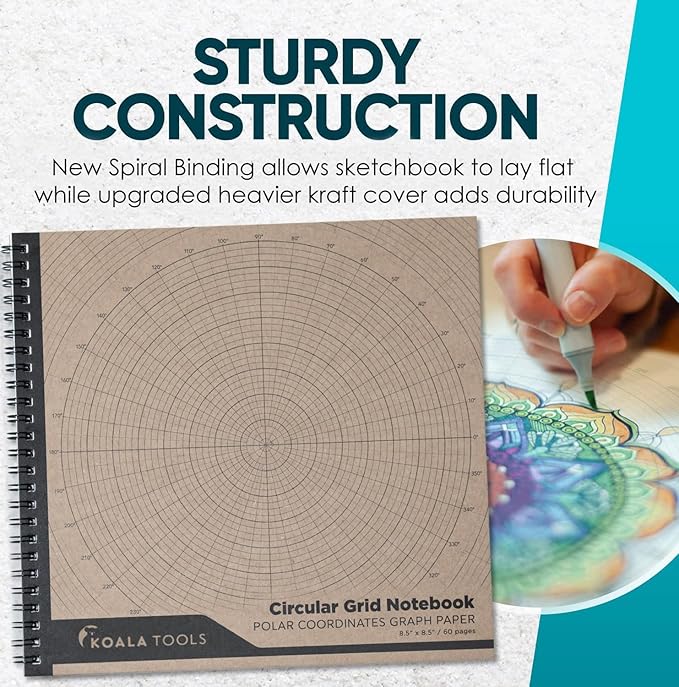 KOALA TOOLS - Circular Grid Sketchbook with Polar Coordinate Graph Paper, Polar Grid for Circular Designs, Mandala, and Geometric Patterns, 8.5 x 8.5 inches, 60 pages - Pack of 1