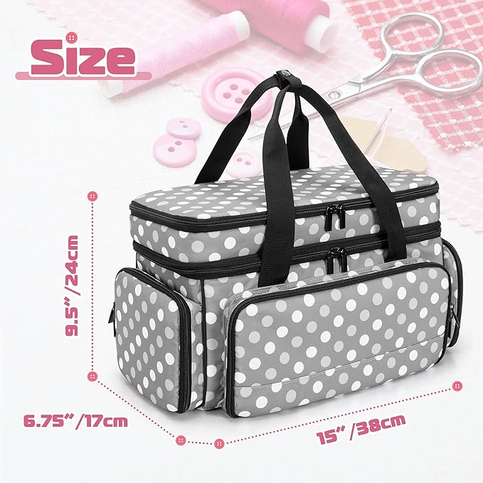 LUXJA Large 2 Layers Sewing Organizer Bag with 5 Detachable Dividers, Sewing Storage Bag for Sewing Supplies, Polka Dots