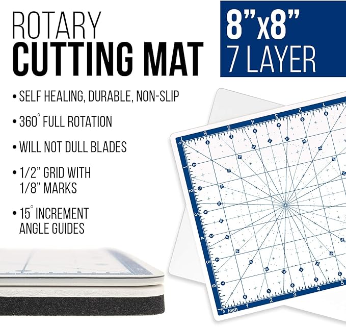 U.S. Art Supply 8" x 8" Self-Healing Cutting Mat 7-Ply - Rotary White/Blue Craft Mat, Non-Slip Cutting Mats for Crafts, Sewing, Quilting, Scrapbooking
