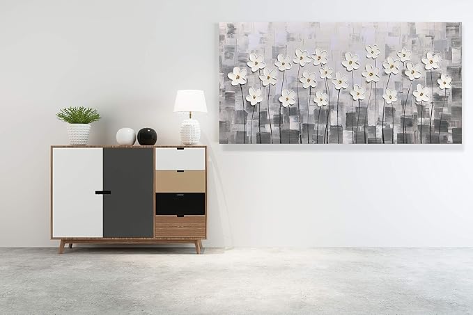 Yihui Arts Wall Art Pallet Knife Pictures Painting White Lily Bouquet of Flowers Oil Painting Floral Artwork Print on Wrapped Canvas for Walls