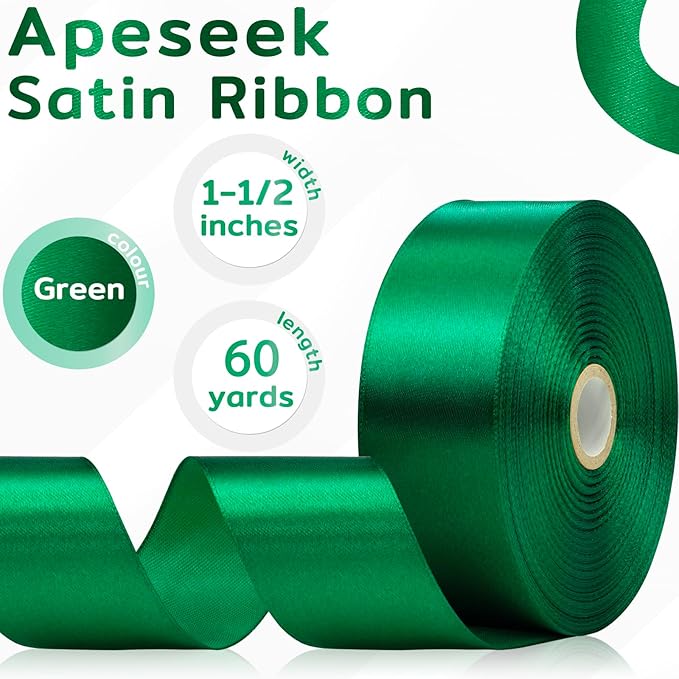 60 Yards Green Satin Ribbon 1-1/2 Inch, Solid Polyester Fabric Ribbon for Gift Wrapping, Crafts, Flower Bouquet, Wedding, Baby Shower, Festival, Christmas, Halloween