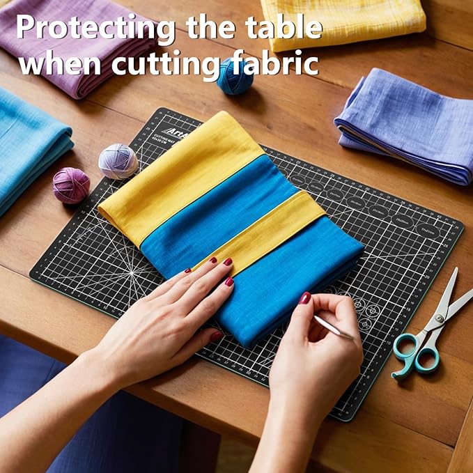 ArtAt Self Healing Cutting Mat: 12inch x 18inch Double Sided 5-Ply Fabric Cutting Mat for Sewing, Quilting & Arts & Crafts - Gridded Rotary Cutting Board Mat in Green/Black.