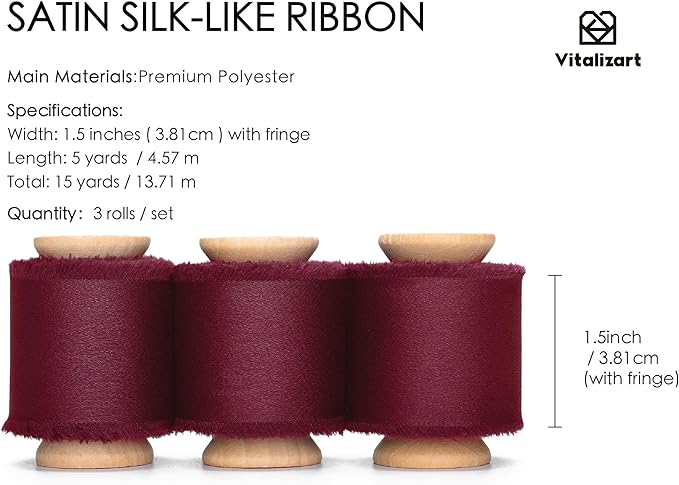Vitalizart Silk Satin Ribbon 1-1/2 inch x 15 Yard Burgundy Red Handmade Frayed Ribbons for Gift Wrapping Baby Shower Wedding Bridal Bouquets Holiday Decor