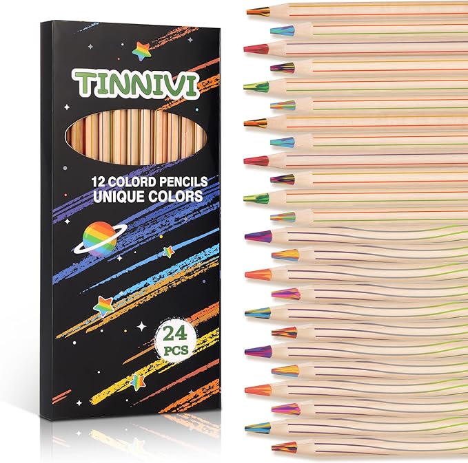 TINNIVI Rainbow Pencils for Kids Adults, 24 Pack Rainbow Colored Pencil Art Supplies for Girls Boys, Wooden Multi Colored Pencils Bulk for Coloring Drawing Sketching, Pre-sharpened, 12 Colors