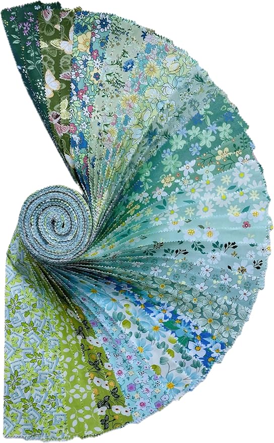 Jelly Roll Fabric 100% Cotton Quilting Fabric, 40 Pre-Cut Strips (2.5 x 44 Inch) for Quilting and Sewing - 20 Assorted Floral Prints- Green Mood