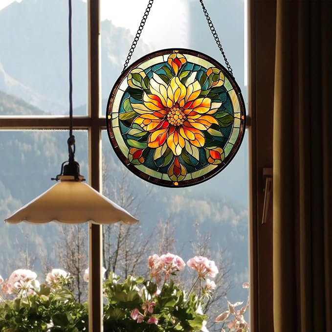 Stained Glass Window Hanging - Retro Yellow Flower Suncatcher for Door Garden Home Decor Dahlia Sun Catcher Christmas Birthday for Lovers Friend Women Mom Nana 11.8 in