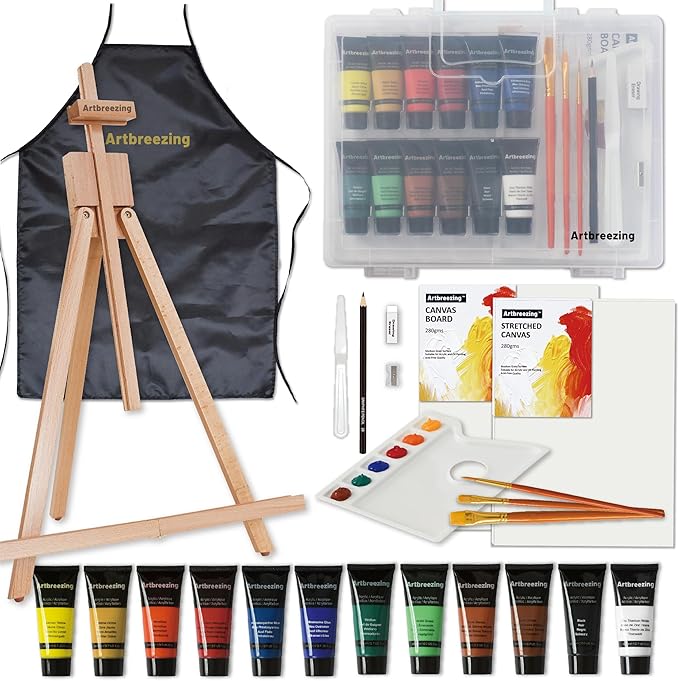 Artbreezing 25pc Tabletop Easel Painting Set,Acrylic Paint,Portable Easel,Brushes,Canvas,Apron, Plastic Carry Case,Art Set for Kids,Adults,Beginners,Artists (SET-25PCS-12 * 22ML)