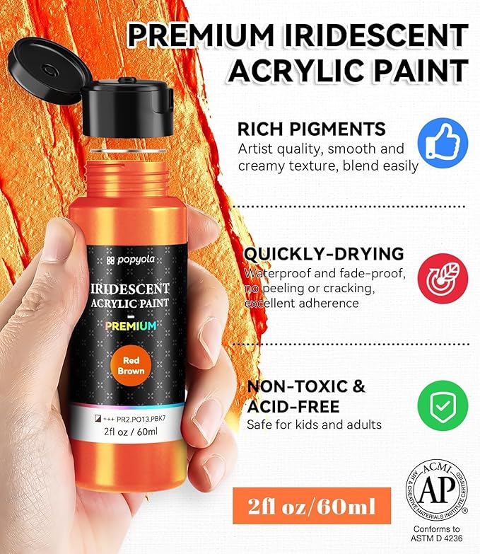 40 PCS Iridescent Acrylic Paint Set with 12 Brushes, 2 Knives & Palette, 24 Colors (2oz/60ml) Art Craft Paint for Adults Kids Artists Beginners, Canvas Ceramic Rocks Wood Painting Kit Art Supplies