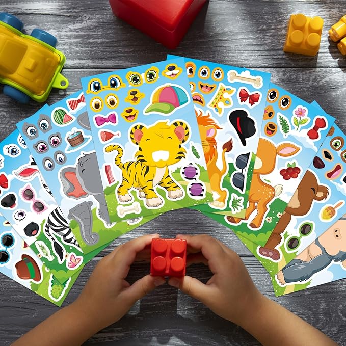 DUJAA Animal Stickers, 24 Sheets, Make-a-Face, Mix & Match, Kids 2-8, Party Favors, Crafts, Goodie Bags