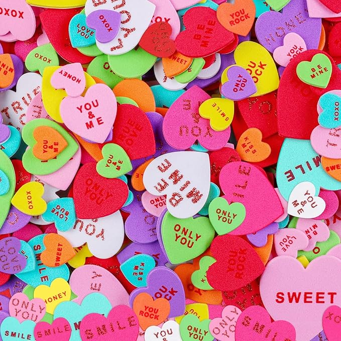 Fovths 500 Pieces Valentine Heart Foam Stickers Glitter Self-Adhesive Heart Shape Stickers Conversation Stickers for Greeting Cards, DIY Scrapbooking, Arts Craft Supplies, Assorted Sizes