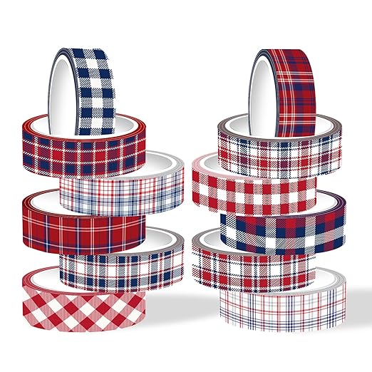 12 Rolls Christmas Basic Grid Washi Tape Set, Red Blue White Plaids Decorative Paper Stickers for Thanksgiving Independence Day Scrapbook Journaling DIY Art Crafts Gift Wrapping 16.4FT