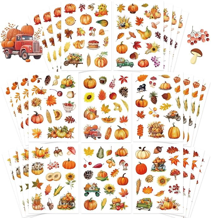 32 Sheets Fall Theme Sticker, Pumpkin Stickers, Hello Autumn Sticker, Thanksgiving Stickers for Kids, Fall Harvest Food Pumpkin Maple Leaves, Thanksgiving Party Favors Supplies