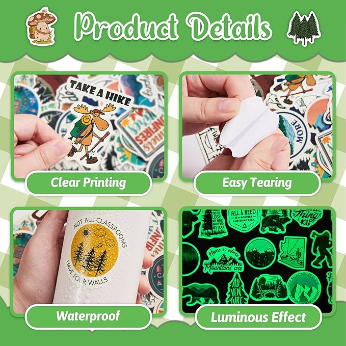 100 Pcs Outdoor Adventure Hiking Camping Stickers for Water Bottle, Waterproof Vinyl Wilderness Nature Travel Wildlife Laptop Decals, Summer Camp Sticker for Teens Adults Kids