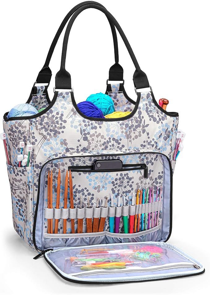 YARWO Knitting Tote Bag, Yarn Storage Organizer for Yarn Skeins, Knitting Needles, Crochet Hooks and Knitting Projects, Christmas & New Beginnings Gifts for Women, Dandelion (Patent Pending)