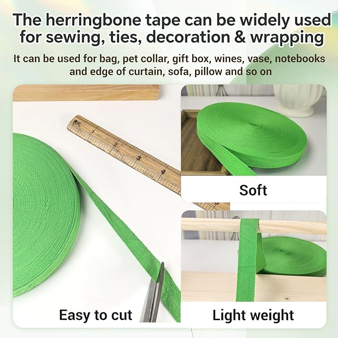 40 Yards Herringbone Twill Tape for Sewing,Pet Collar,Gift Wrapping Home Deco -3/4 inch Green Cotton Webbing Straps-Natural Bias Binding Tape for Handles, Crafting & DIY Projects