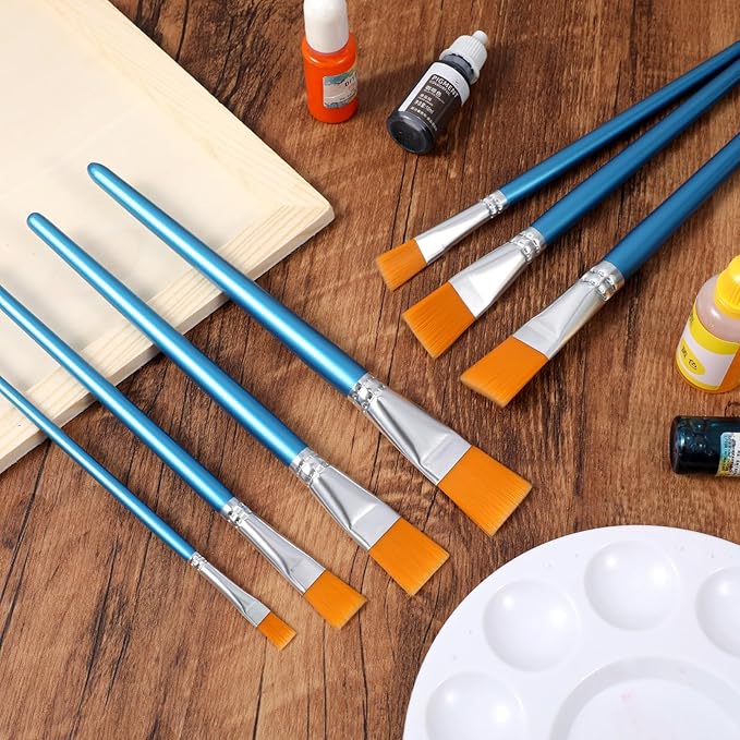 60 Pcs Paint Brush Set Bulk Acrylic Brush Wood Paint for Detail Art Crafts Kids Artist Adult Watercolor Oil Face Body(1, 0.75, 0.5, 0.25 Inch,Flat Style)