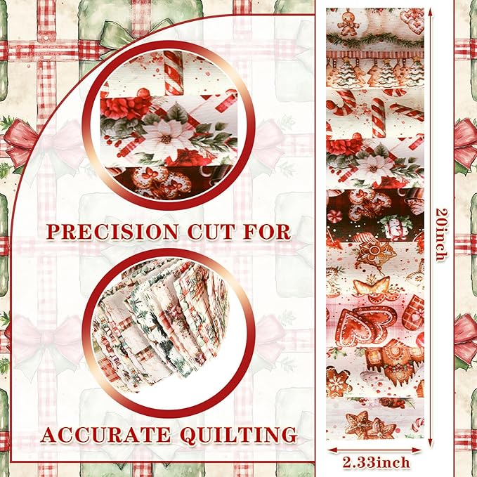 Ganeen 100 Pcs Christmas Gingerbread Man Quilting Fabric Roll 2. 56 Inch Fabric Squares Jelly Patchwork Precut Strips Bundles for Holiday Materials Craft DIY Sewing Cloths