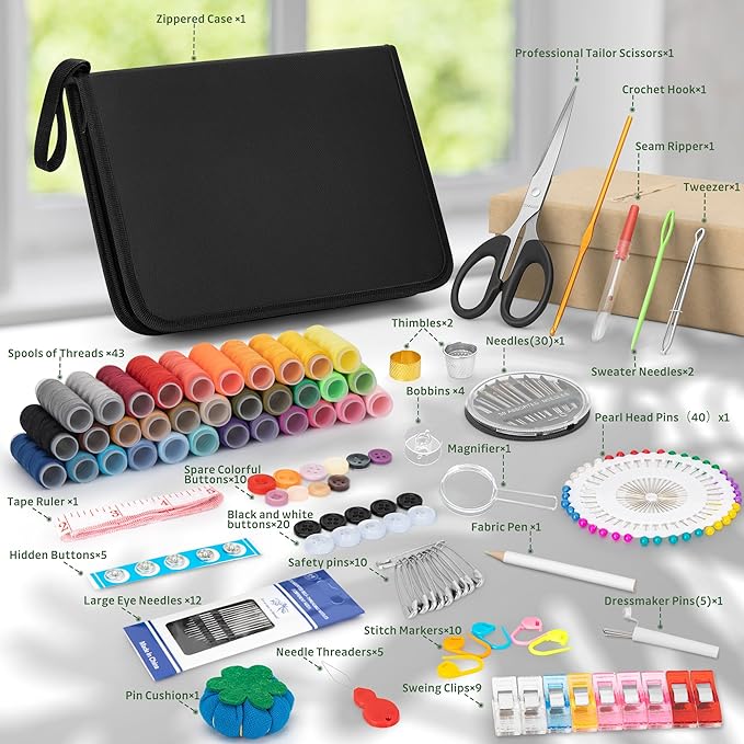 KEYHOT Sewing kit Basic,Needle and Thread Kit,Travel Small Sewing Machine Supplies for Adults Beginners Men, Home Travel Emergency Including Scissors Measure Tape Needle Threader (216pcs)