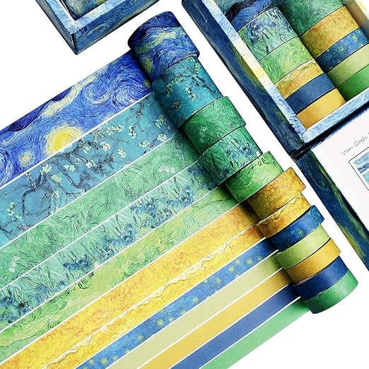 Washi Tape Set of 12 Rolls,Van Gogh Starry Night Decorative Green Leaves Floral Blue Yellow Washi Masking Tape Sets for Craft,Kids,Scrapbook,DIY,Gift Wrapping(Yellow)