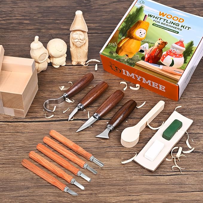 IMYMEE Wood Whittling Kit for Beginners-Complete Whittling Set with 4pcs Wood Carving Knives & 8pcs Basswood Wood Blocks-Perfect Wood Carving Kit Set-Includes Wood Carving Tools for Adults and Kids