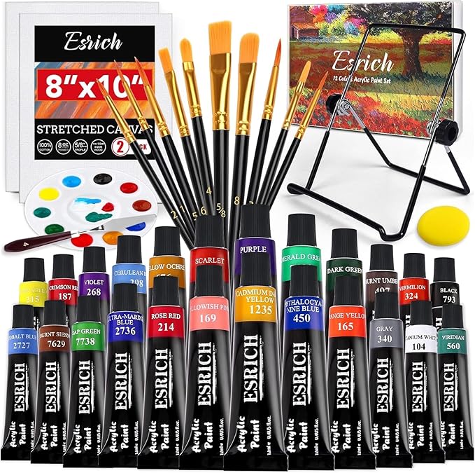 ESRICH 40PCS Acrylic Paint Set, Art Painting Supplies Kit with 24 Paints, 2 Canvas Panels,10 Brushes, Table Metal Easel Etc, Premium Paint Set for Students, Artists and Beginner