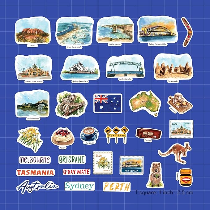 Navy Peony Outback Australia Statement Stickers - Hand-Illustrated Watercolor, Glossy, Waterproof - for Luggage, Laptops, Water Bottles (32 Pcs)