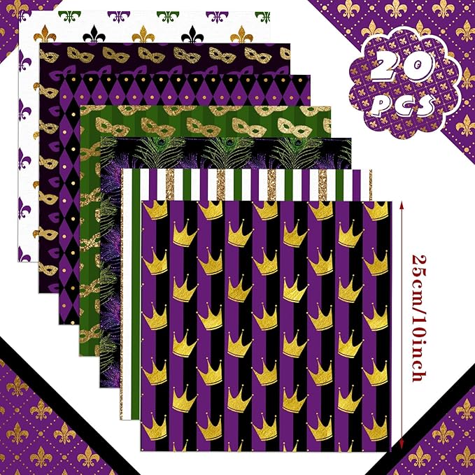20 Pcs 10''x10'' Mardi Gras Quilting Fabric Square Bundle Lily Flowers Masquerade Precuts Quiltted Fabric Purple Green Gold Printed Patchwork Supplies for DIY Material Sewing Crafts