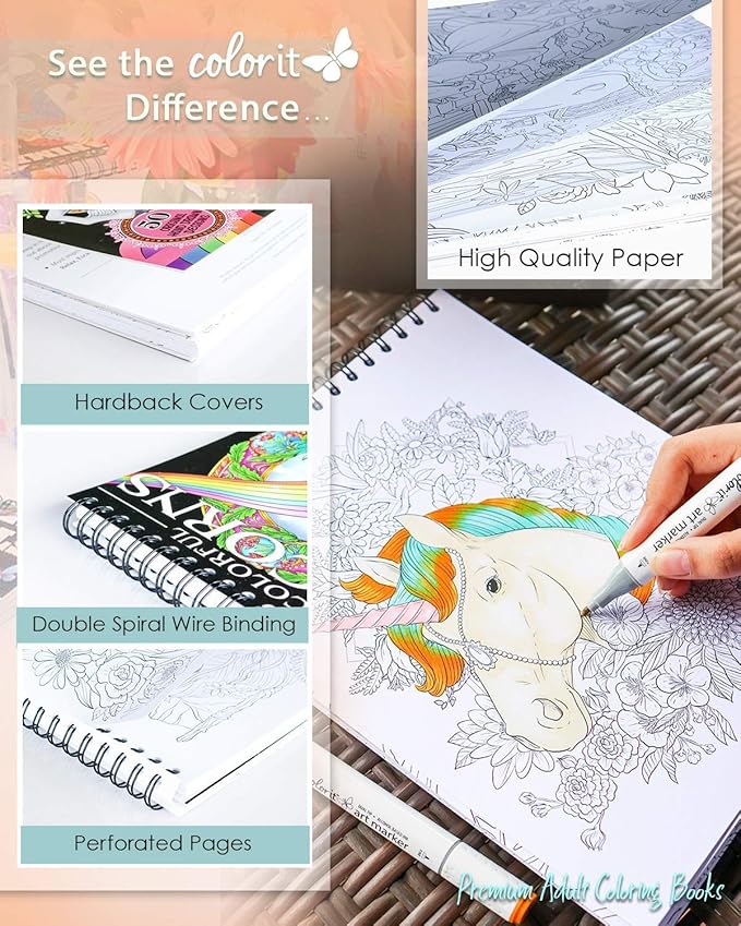 ColorIt Colorful Unicorns Adult Coloring Book - 50 Single-Sided Pages, Thick Smooth Paper, Lay Flat Hardback Covers, Spiral Bound, USA Printed, Hand Drawn Unicorn Coloring Pages