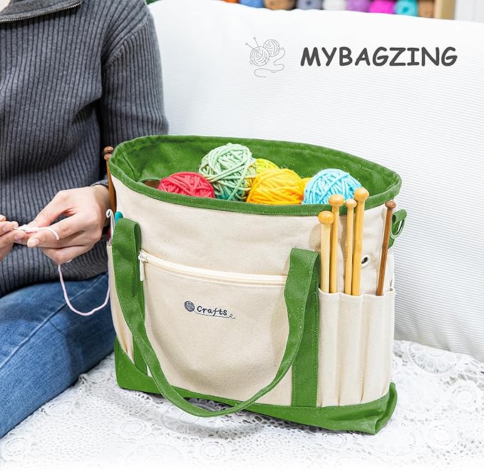 MYBAGZING Canvas Yarn Storage Organizer Bag Washable Crochet Bag with Pockets for Yarn, Hooks, Needles – Travel Knitting Tote for Crafters – Gift for Crocheters & Knitters (Medium/Large)