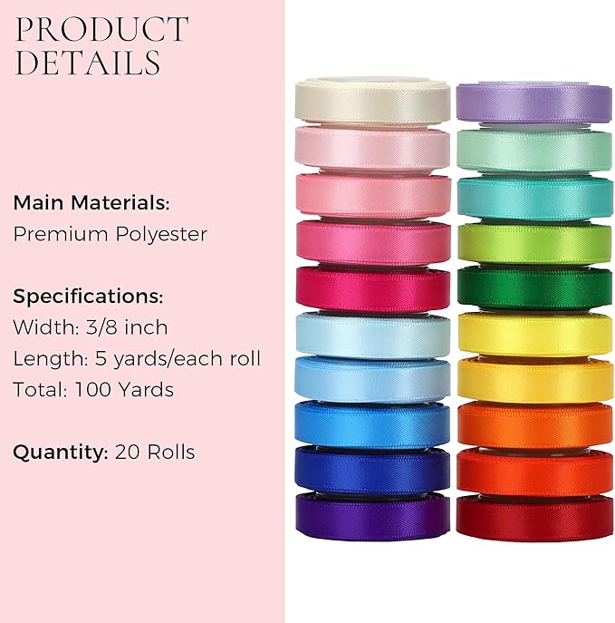 VATIN Colorful Satin Ribbon Set, 3/8 Inch x 20 Colors,Total 100 Yards-Double Faced Ribbon for Gift Wrapping Craft，Birthday Decorations,Baby Shower Decorations
