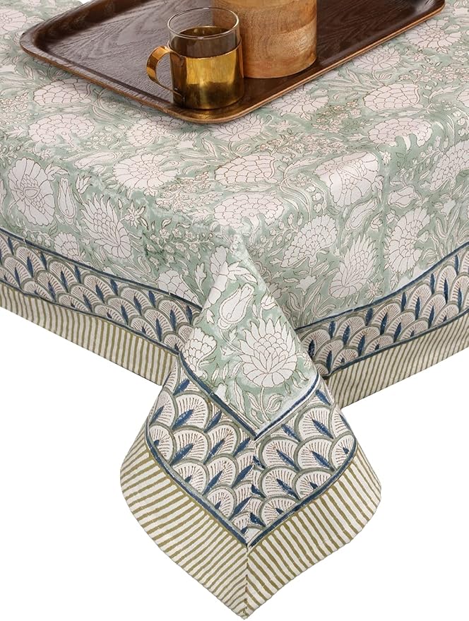 ATOSII Jade 100% Cotton Rectangle Boho Fall Tablecloth, Handblock Floral Table Cloth Linen for Kitchen Dining I Parties Wedding Outdoors Thanksgiving Easter Picnics I 72 X 108 Inches I 8 Seater