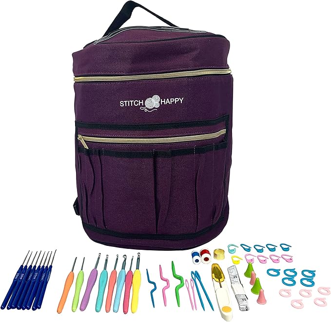 Designer Stitch Happy Crocheting Kit: 52 Piece Crochet Kit for Beginners & 7 Pocket Yarn Bag, Signature Yarn Storage - Royal Purple