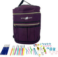 Designer Stitch Happy Crocheting Kit: 52 Piece Crochet Kit for Beginners & 7 Pocket Yarn Bag, Signature Yarn Storage - Royal Purple