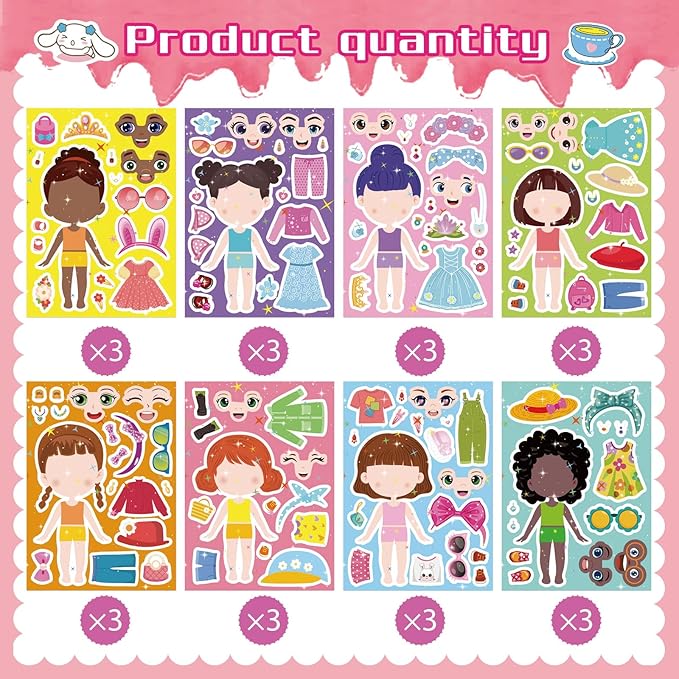 24 Sheets Make a face and Dress Up Stickers for Girls, Make Your Own Stickers for Kids Toddlers, Party Favor, Age 3+ Birthday Gift, Art Craft, Classroom Teacher Reward