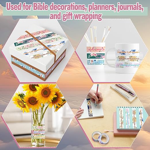 Janlaugh 24 Rolls Christian Washi Tape for Bible Journaling Gifts Bulk Religious Inspirational Scripture Supplies Spanish Floral Bible Verse Washi Tape for Study Crafting Spring Gifts Favors
