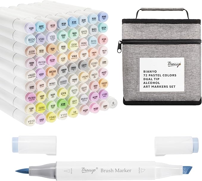 Bianyo 72 Pastel Dual Tip Colors Alcohol Art Markers, Dual Tip Alcohol-Based Markers with Brush and Chisel Points for Artists and Adults Comics Drawing Sketching Illustration with Storage Bag