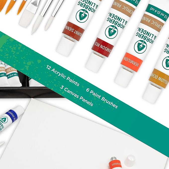 Norberg & Linden Acrylic Paint Set -12 Acrylic Paints, 6 Paint Brushes for Acrylic Painting, 3 Painting Canvas Panels - Premium Art Supplies for Adults Canvas Painting
