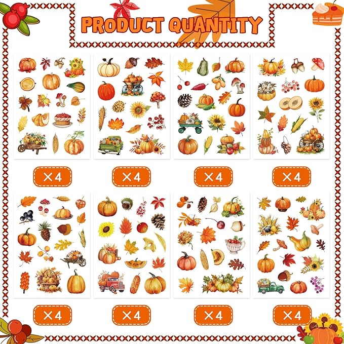 32 Sheets Fall Theme Sticker, Pumpkin Stickers, Hello Autumn Sticker, Thanksgiving Stickers for Kids, Fall Harvest Food Pumpkin Maple Leaves, Thanksgiving Party Favors Supplies