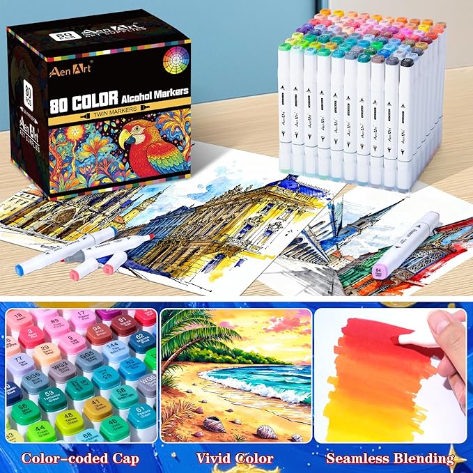 AenArt Alcohol Markers, 80 Color Dual Tip Art Drawing Markers, Artist Pens with Organizing Case for Adult Drawing Coloring Sketching（White Barrel）