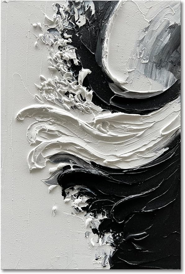 NANKAI Art Hand-Painted Thick Textured White and Black Minimalist Oil Painting Home Wall Art Deco 36x24 inches