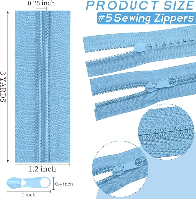Syhood 36 Yards 12 Pieces #5 Sewing Zippers Tapes Assorted Nylon Lightweight with 120 Plastic Zipper Sliders for Women Men Sewing Supplies(Blue Series)