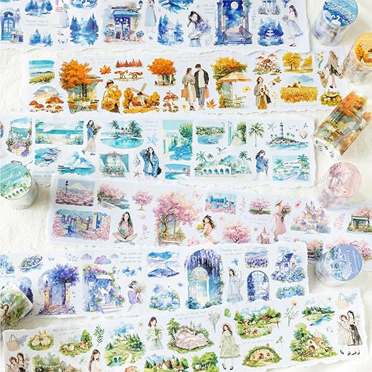 Alideco 6pcs Decorative Adhesive Tapes Vintage Watercolor Landscape PET Tape Great for Bullet Journal Supplies, Arts, Scrapbook, DIY Crafts, Planners (mengjingxiaxiang)