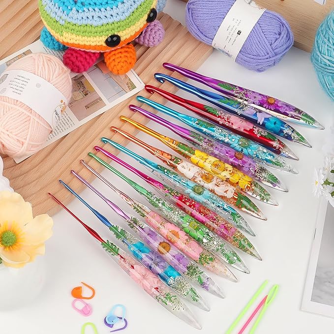 Katech 8mm Crochet Hooks with Floral Pattern-Elegant &Unique Crochet Needles-Longer Smooth Glide Crocheting Hook for Arthritic Hands, Beginners & Professional Ideal Crochet Gift(L)