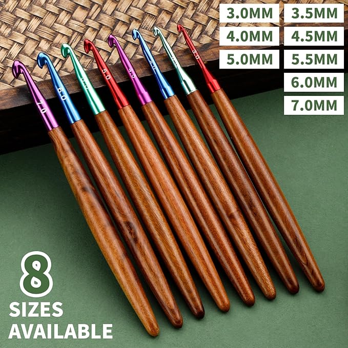 Nitlak Crochet Hooks 8 PCS, 3mm-7mm Ergonomic Crochet Hook Set, Aluminum Crochet Hook with Wooden Handle, Crochet Needles for Arthritic Hands (3mm/3.5mm/4mm/4.5mm/5mm/5.5mm/6mm/7mm)