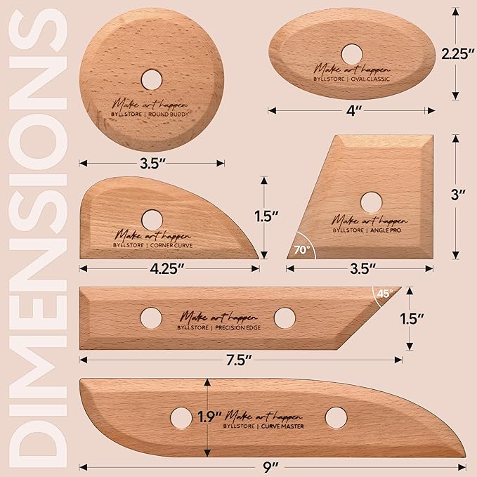 Byllstore Essential Pottery Ribs for Clay | Shaping & Smoothing Tools | Solid Beech Wood | 6-Pack